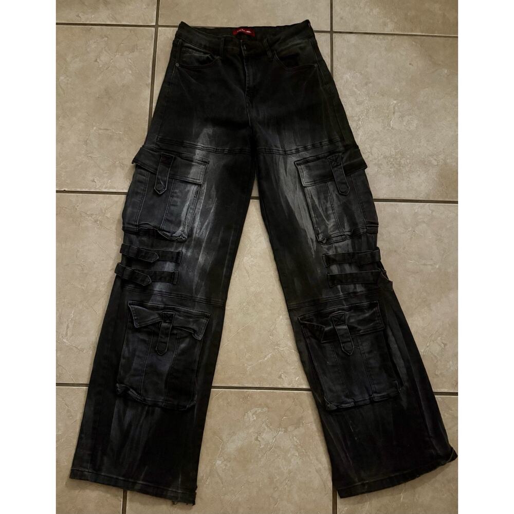 Smoke Rise RED Cargo Pants Womens M Black Wide Leg Utility Y2K Streetwear Buckle